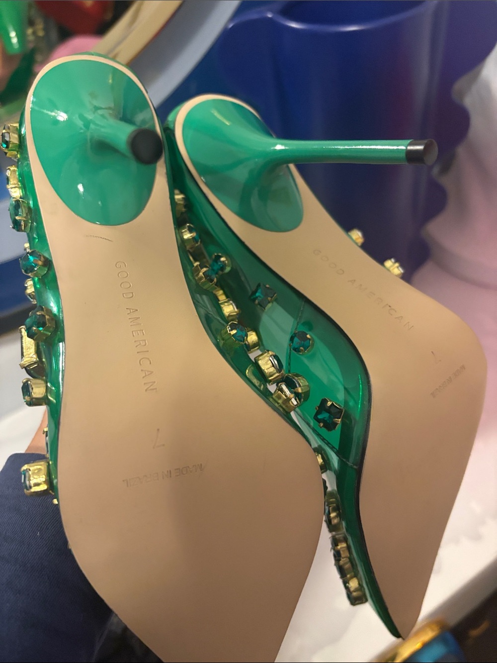 Good American Green Jeweled Pointed Toe Heels - Picture 3 of 5